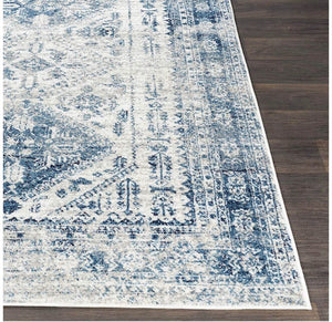 7'10" x 10'2" Distressed area rug, Blue/White