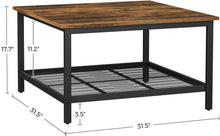 31" Square Coffee Table with Steel Frame and Mesh Storage Shelf, Rustic Brown