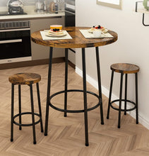 3 Piece Pub Dining Set, Modern Round bar Table and 2 Stools, Rustic Brown