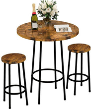 3 Piece Pub Dining Set, Modern Round bar Table and 2 Stools, Rustic Brown