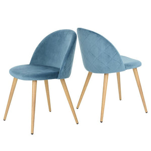 Set of 2, Mid-Century Modern Velvet Dining Chairs, Blue/ Beech
